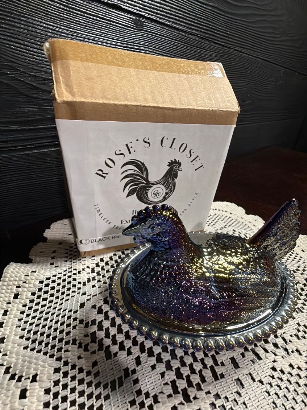 Rose's Closet Iridescent Carnival Glass Hen on Nest